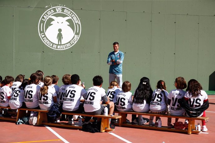 Cesar Azpilicueta, player of the Atletico de Madrid, gestures during an event of LaLiga against Bullying at Federico Garcia Lorca School on October 10, 2024, in Boadilla del Monte, Madrid, Spain.