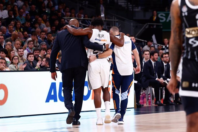 Andres Feliz of Real Madrid is injured during the Turkish Airlines EuroLeague, basketball match played between Real Madrid and Partizan Mozzart Bet Belgrade at WiZink Center on October 10, 2024 in Madrid, Spain.