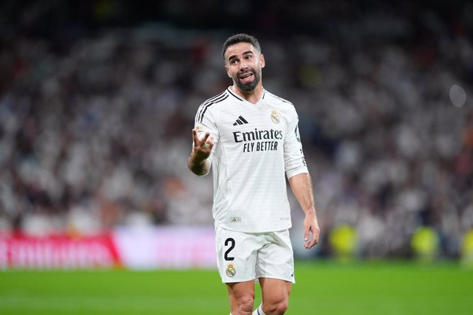 Daniel Carvajal of Real Madrid gestures during the Spanish League, LaLiga EA Sports, football match played between Real Madrid and Villarreal CF at Santiago Bernabeu stadium on October 5, 2024, in Madrid, Spain.