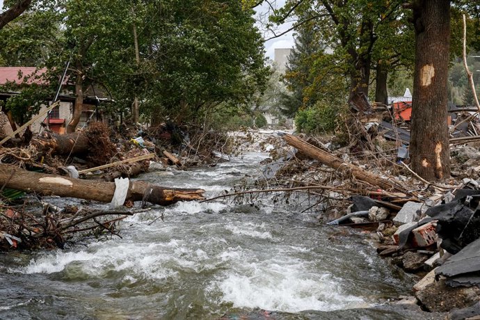 September 26, 2024, Stronie Slaskie, Dolnosloskie, Poland: Debris from destroyed river bank is seen as massive flooding affected tourist resorts in southern Poland. Central Europe, including Poland, experienced widespread flooding after the Storm Boris 