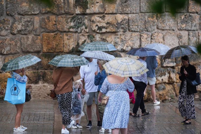 Archivo - Transeúntes protegidos con paraguas durante la lluvia.