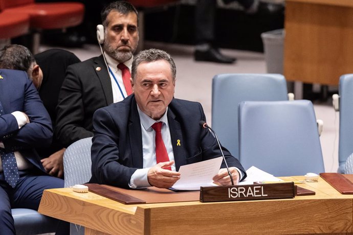 Archivo - March 11, 2024, New York, New York, United States: Israel Foreign Minister Israel Katz speaks during SC meeting on report of sexual violence during Israel - Hamas conflict at UN Headquarters in New York