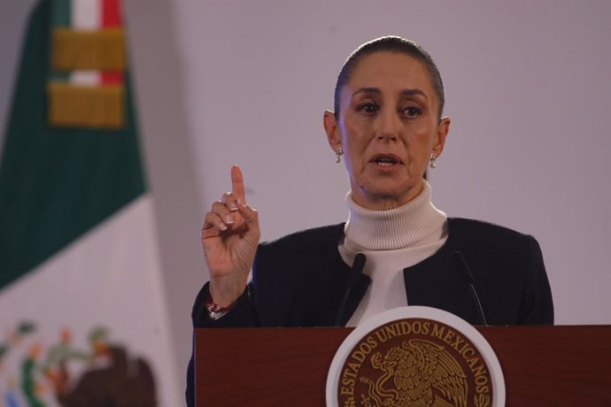 08 October 2024, Mexico, Mexico City: Mexico's first female president, Claudia Sheinbaum Pardo, speaks during a briefing conference, where she presented the National Security Strategy, at the National Palace. Photo: Ian Robles/eyepix via ZUMA Press Wire/d