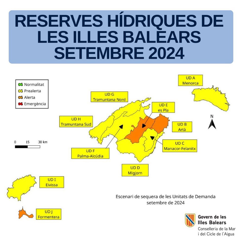 Mapa de las reservas hídricas de Baleares en el mes de septiembre de 2024
