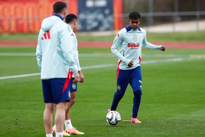 Lamine Yamal of Spain in action during a training session prior to the Spanish national soccer team's UEFA Nations League matches at Ciudad del Futbol on October 8, 2024, in Las Rozas, Madrid, Spain.