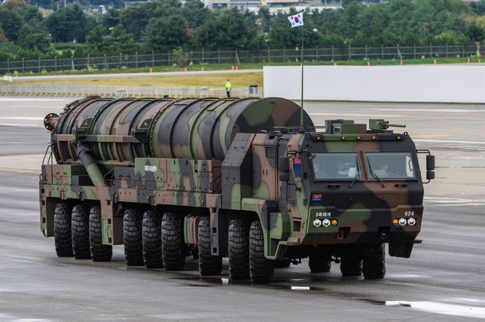 October 1, 2024, Seongnam, South Korea: A Transporter erector launcher carrying the Hyunmoo-5 ballistic missiles, capable of carrying an 8-9 ton warhead and destroying underground bunkers, are featured during a ceremony marking the 76th Armed Forces Day h