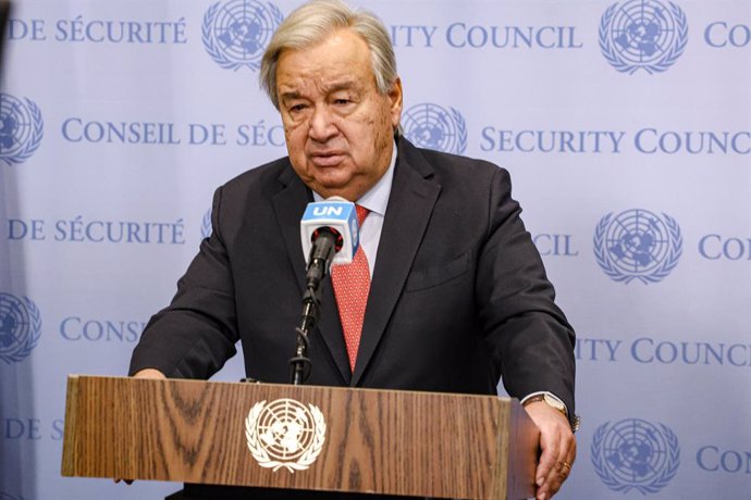 October 8, 2024, New York, New York, USA: The UN Secretary General, ANTONIO GUTERRES speaks to the press at the Security Stakeout in regards to the escalation of war in Gaza and also in commemoration of the one year since the unprovoked attack on Israel b