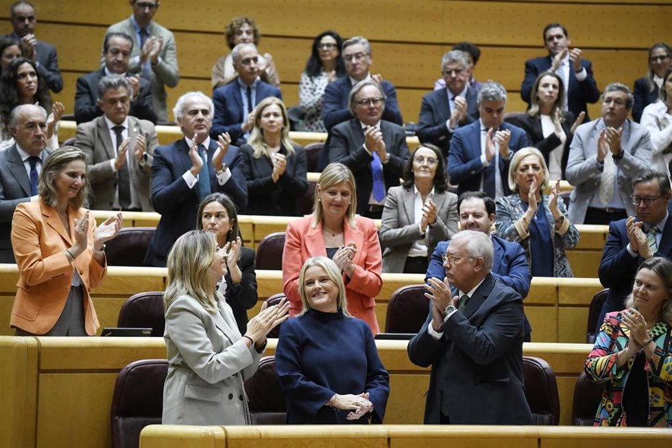 La bancada del PP aplaude la intervención de la senadora del PP Marimar Blanco (en primera fila, 2i) durante un pleno extraordinario en el Senado, a 14 de octubre de 2024, en Madrid (España). La Cámara Alta afronta el debate y votación de la ley sobre i