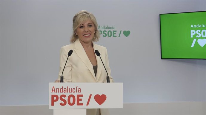 La portavoz de Agricultura, Pesca, Agua y Desarrollo Rural del Grupo Socialista en el Parlamento andaluz, Ana Romero, en rueda de prensa en la sede del PSOE-A.