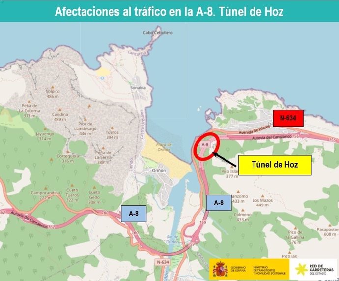 Mapa afecciones tráfico por obras túnel Hoz en Cantabria