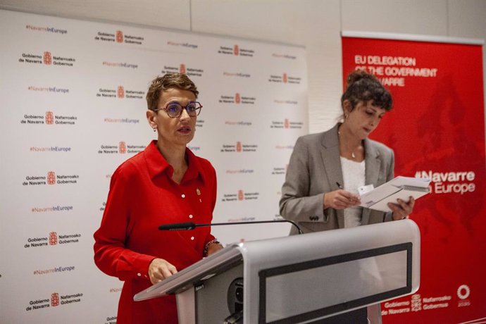 La presidenta Chivite durante su intervención en el desayuno político celebrado por la Alianza de Regiones Europeas de la Automoción (ARA)