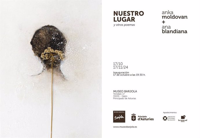 Invitación a 'Nuestro lugar y otros poemas', que se inaugurará en el museo Barjola, Gijón, una muestra que entrelaza la obra de la poeta Ana Blandiana, premio Princesa de Asturias de las Letras 2024, y la pintora Anka Moldovan.