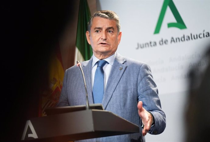 El consejero de la Presidencia, Interior, Diálogo Social y Simplificación Administrativa, Antonio San (i), durante la rueda de prensa. A 15 de octubre de 2024, en Sevilla (Andalucía, España). El Consejo de Gobierno de la Junta de Andalucía se reúne en el 