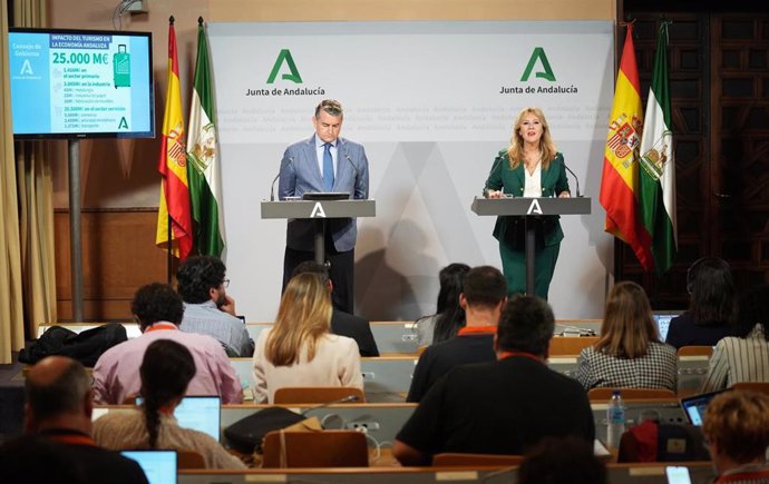 La consejera de Economía, Hacienda y Fondos Europeos, Carolina España, y el consejero de la Presidencia, Interior, Diálogo Social y Simplificación Administrativa, Antonio San, en la rueda de prensa posterior al Consejo de Gobierno.