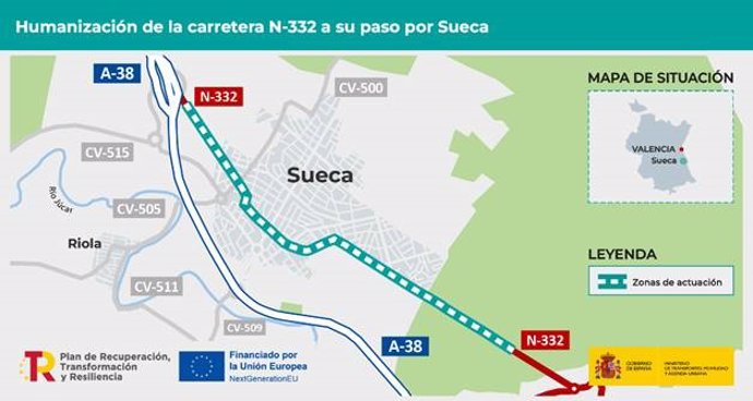 Cortes de tráfico desde el miércoles por las obras de adaptación a peatones y ciclistas de la N-332 en Sueca