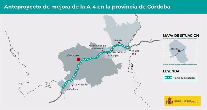 Mapa de situación del anteproyecto de mejora de la A-4 a su paso por la provincia de Córdoba.