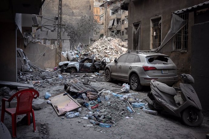 October 12, 2024, Beirut, Lebanon: A car and a motorbike seen at the Israeli bombed area of Ras-el-Nabaa. An Israeli bombing in Ras-el-Nabaa, Beirut, Lebanon, has left at least 22 people killed.