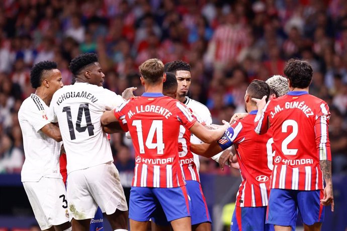 Jude Bellingham of Real Madrid reacts during the Spanish League, LaLiga EA Sports, football match played between Atletico de Madrid and Real Madrid at Civitas Metropolitano stadium on September 29, 2024, in Madrid, Spain.