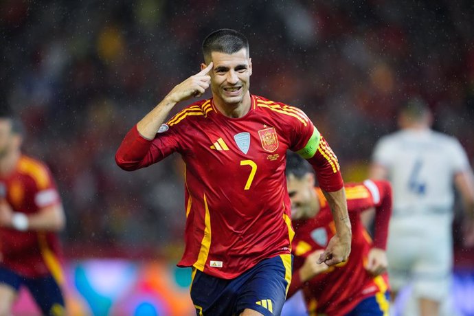 Alvaro Morata of Spain celebrates a goal during the UEFA Nations League 2024/25 League A Group A4 match between Spain and Serbia at Nuevo Arcangel stadium on October 15, 2024, in Cordoba, Spain.