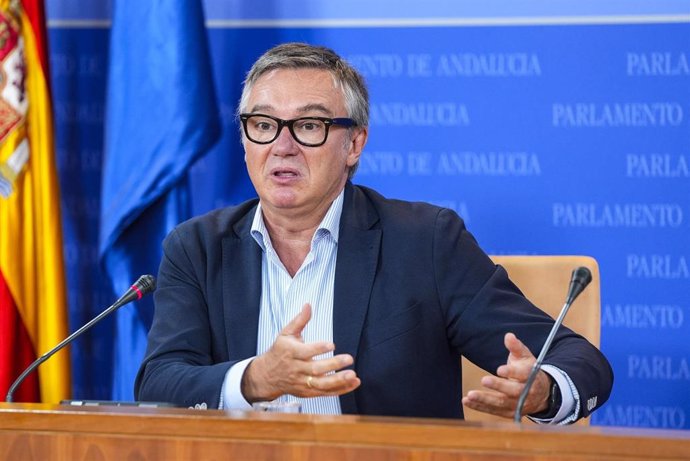 El portavoz del Grupo Vox en Andalucía, Manuel Gavira, este miércoles en rueda de prensa en el Parlamento. 