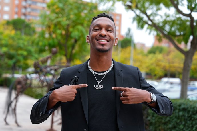Jordan Diaz attends an interview portrait during a joint event of the Spanish Olympic Committee (COE) and the Spanish Ministry of Defense on elite military athletes at the COE headquarters on October 14, 2024, in Madrid, Spain.