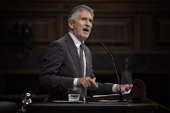 El ministro de Interior, Fernando Grande-Marlaska, interviene durante una sesión plenaria, en el Congreso de los Diputados, a 16 de octubre de 2024, en Madrid (España).