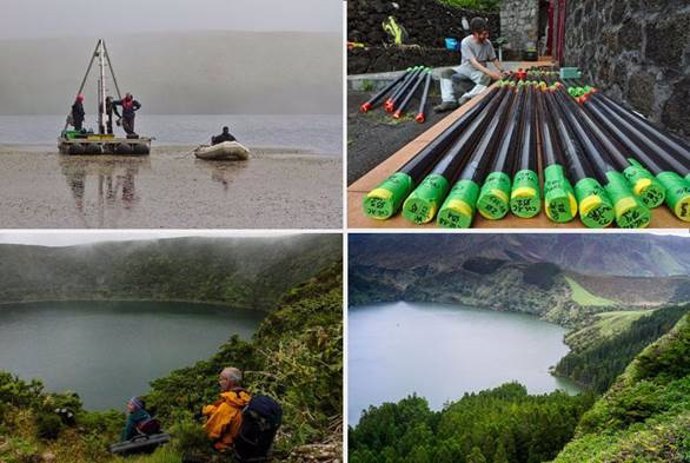 De izquierda a derecha y de arriba abajo: Toma de muestras en el lago Lomba;  muestras recolectadas en lagos de las Azores;  vistas del lago Negra y del lago Funda.