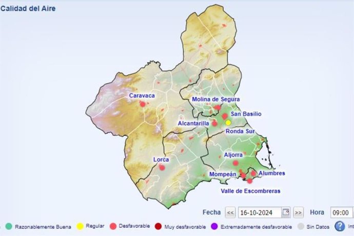 Mapa que muestra la calidad del aire en las diferentes estaciones medidoras