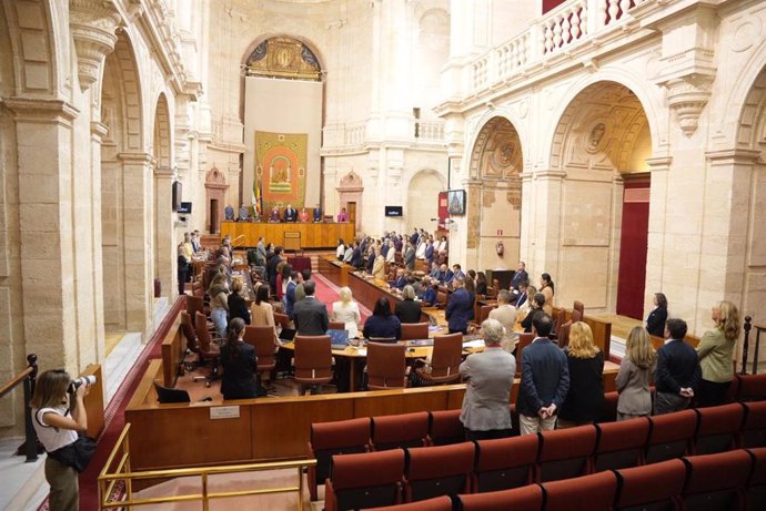 El Pleno del Parlamento andaluz guarda un minuto de silencio por la violencia machista con los diputados de Vox sentados.