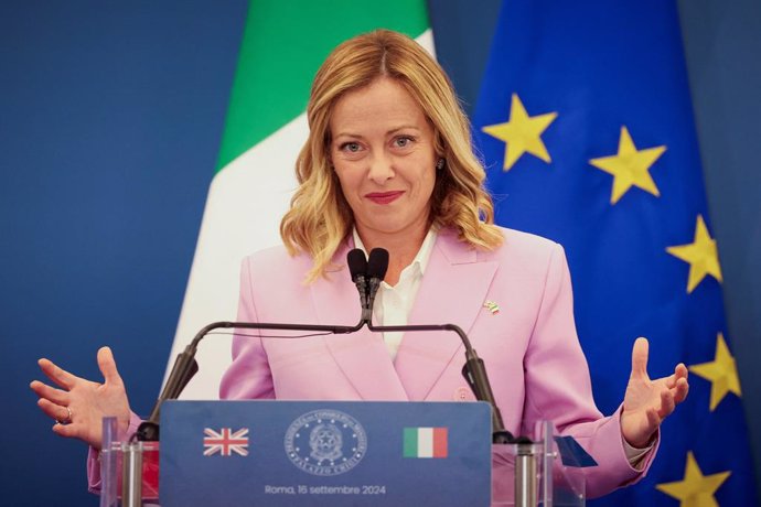 16 September 2024, Italy, Rome: Italian Prime Minister Giorgia Meloni speaks during a joint press conference with UK Prime Minister Keir Starmer at Villa Doria Pamphilj in Rome. Photo: Phil Noble/PA Wire/dpa