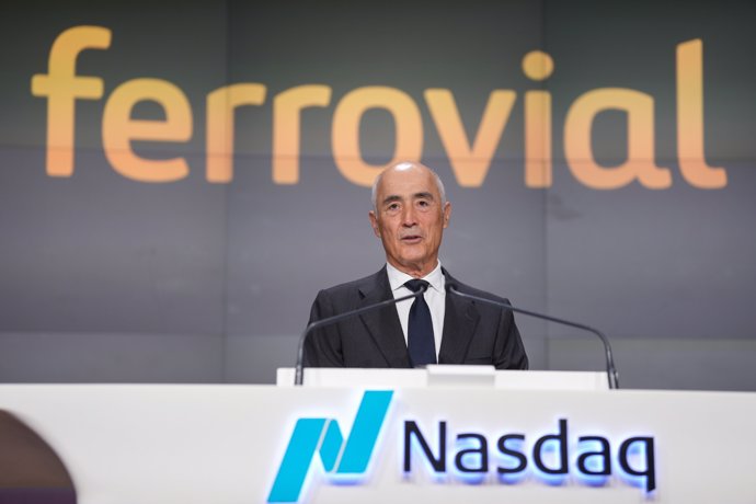 El presidente de Ferrovial, Rafael del Pino, en el acto de toque de campana en la Bolsa de Nueva York