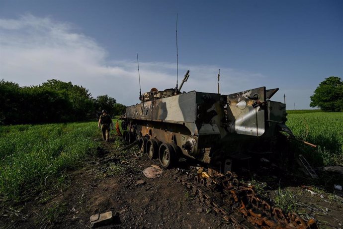 Archivo - Un vehículo del Ejército de Rusia en Ucrania. 