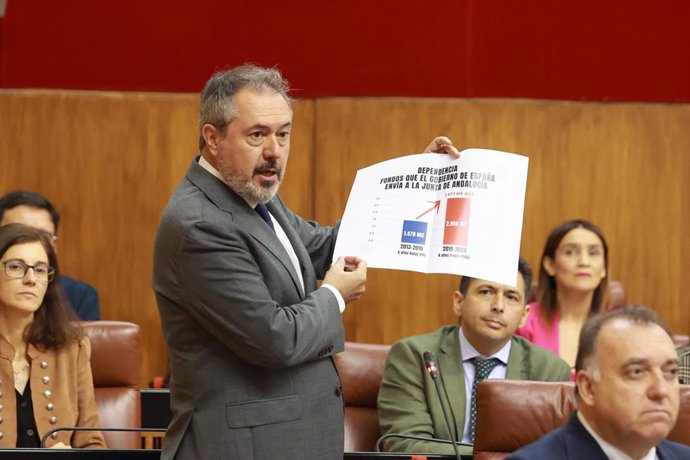 El secretario general del PSOE de Andalucía, Juan Espadas, durante su intervención en la Sesión de Control al Gobierno con preguntas al presidente de la Junta de Andalucía. A 17 de octubre de 2024, en Sevilla (Andalucía, España).Segunda jornada de Pleno, 