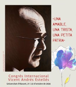 Detalle del cartel del congreso, con el retrato de Estellés realizado por el artista Antoni Miró.