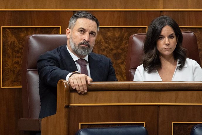 El líder de VOX, Santiago Abascal y la portavoz de VOX en el Congreso, Pepa Millán, durante una sesión plenaria, en el Congreso de los Diputados, a 8 de octubre de 2024, en Madrid (España).