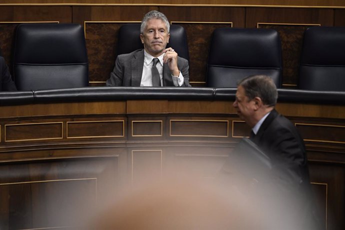 El ministro de Interior, Fernando Grande-Marlaska, durante una sesión de control al Gobierno, en el Congreso de los Diputados, a 16 de octubre de 2024, en Madrid (España). 