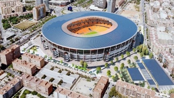 Recreación del Nou Mestalla según el proyecto de ejecución presentado por el Valencia CF al ayuntamiento de la ciudad para retomar las obras del futuro estadio de fútbol.