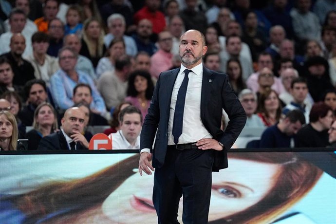 Chus Mateo, head coach of Real Madrid, looks on during the Turkish Airlines EuroLeague, Regular Season, basketball match played between Real Madrid Baloncesto and Panathinaikos B.C. at Wizink Center pavilion on October 17, 2024, in Madrid, Spain.