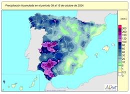 Las lluvias acumuladas en la primera mitad de octubre se cifran en 72 l/m2, el doble que lo habitual.