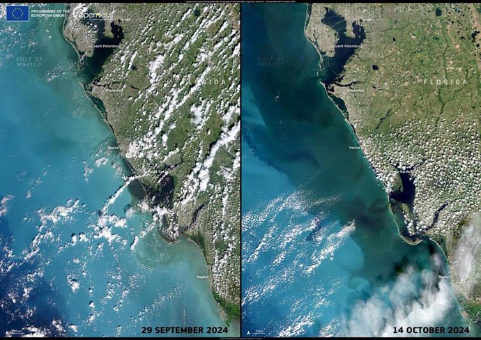 Copernicus elige como imagen del día la costa oeste de Florida antes y después del huracán Milton.