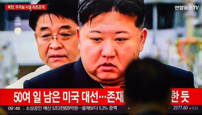 September 13, 2024, Seoul, South Korea: A 24-hour Yonhapnews TV broadcast at Yongsan Railway Station in Seoul showing a news broadcast with North Korean leader Kim Jong Un inspects the Nuclear Weapons Institute and the production base of weapons-grade nuc