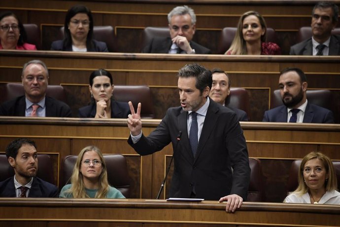 El vicesecretario de Cultura y portavoz del PP, Borja Sémper, interviene durante una sesión de control al Gobierno