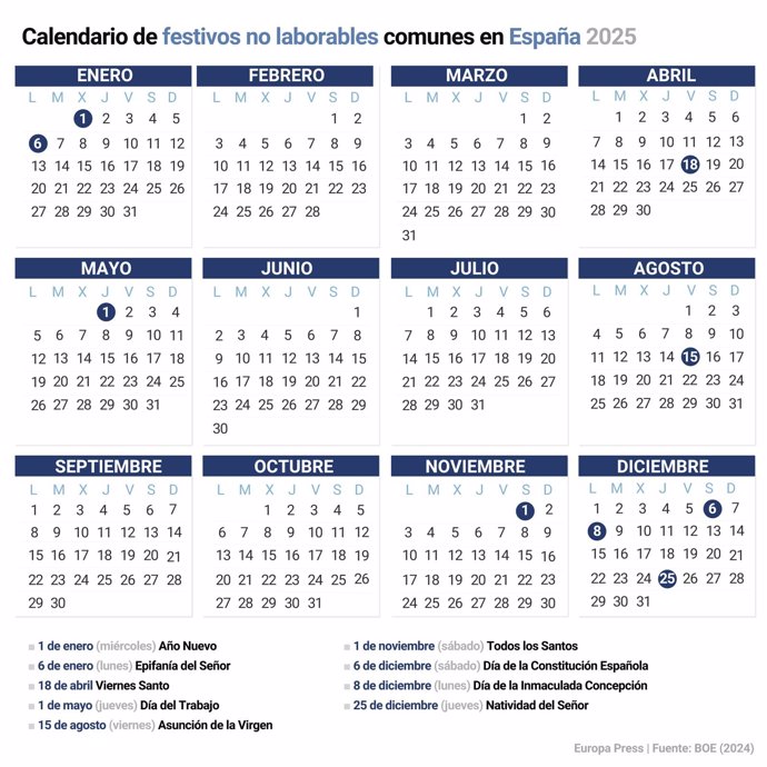 Calendario de festivos ypuentes de 2025