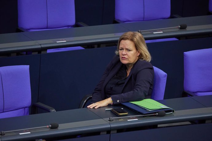 18 October 2024, Berlin: Nancy Faeser German Federal Minister of the Interior and Home Affairs, attends the 195th session of the German Bundestag. The MPs are discussing several bills on internal security. Two bills are before the plenary session: one "to