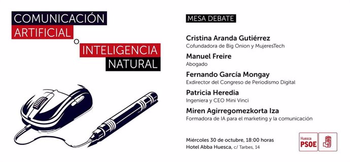 Cartel de la jornada de la mesa-debate 'Comunicación artificial o Inteligencia natural' organizada por la agrupación socialista de Huesca