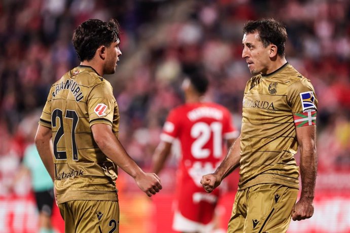 Mikel Oyarzabal of Real Sociedad celebrates a goal during the Spanish league, La Liga EA Sports, football match played between Girona FC and Real Sociedad at Estadio de Montilivi on October 19, 2024 in Girona, Spain.