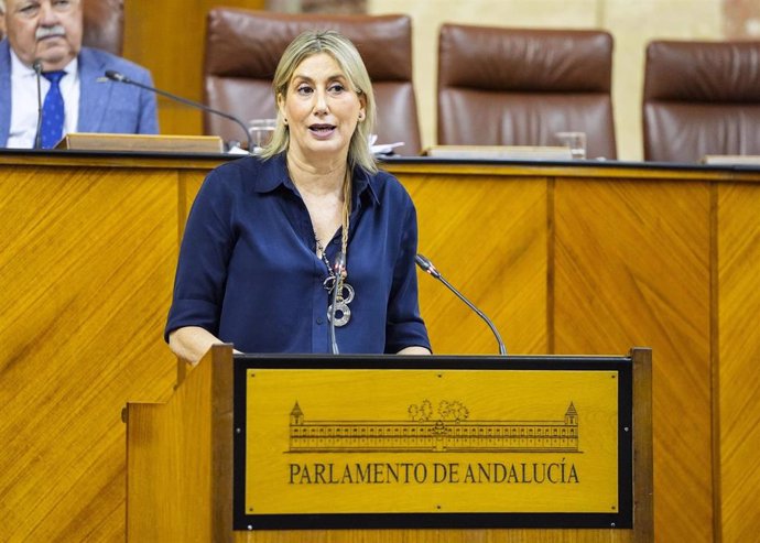 Archivo - La portavoz del Grupo Socialista en la comisión de Turismo del Parlamento andaluz, Isabel Aguilera, en una foto de archivo en el Pleno de la Cámara.