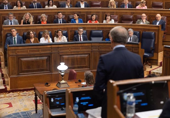 Archivo - Interviene el presidente del PP, Alberto Núñez Feijóo, durante una sesión de control al Gobierno, en el Congreso de los Diputados, a 26 de junio de 2024, en Madrid (España).  