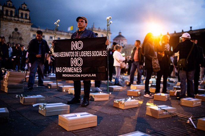 Archivo - February 20, 2024, Bogota, Cundinamarca, Colombia: People gather during a demonstration against the assassinations of peace signatories and social leaders, at Bolivar square in Bogota, Colombia, February 20, 2024.