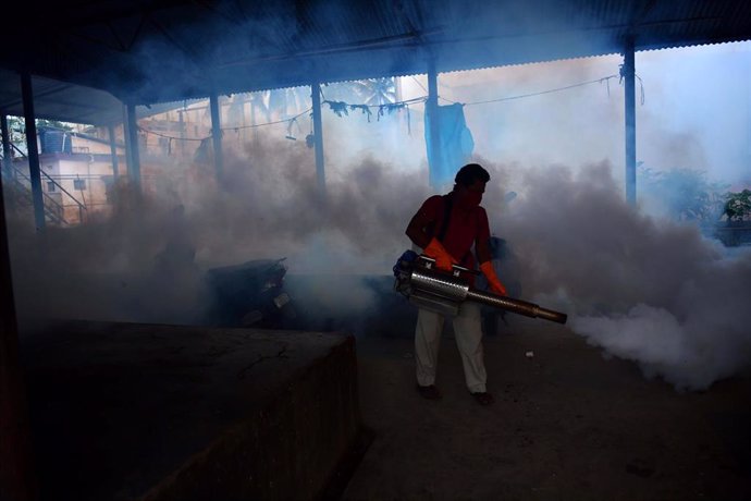 Archivo - Un trabajador fumiga en India una tienda para evitar la propagacion de la malaria 